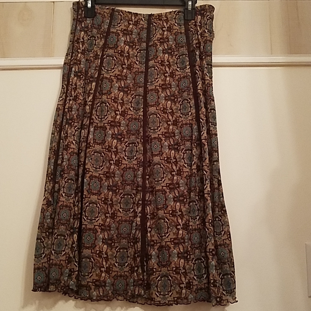 Brown and aqua pattern midi skirt